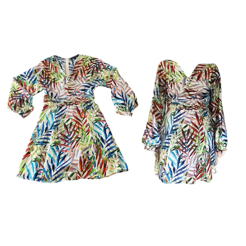 Flowy Palm Print Hawaiian Silky Satin Long Sleeve Dress XS